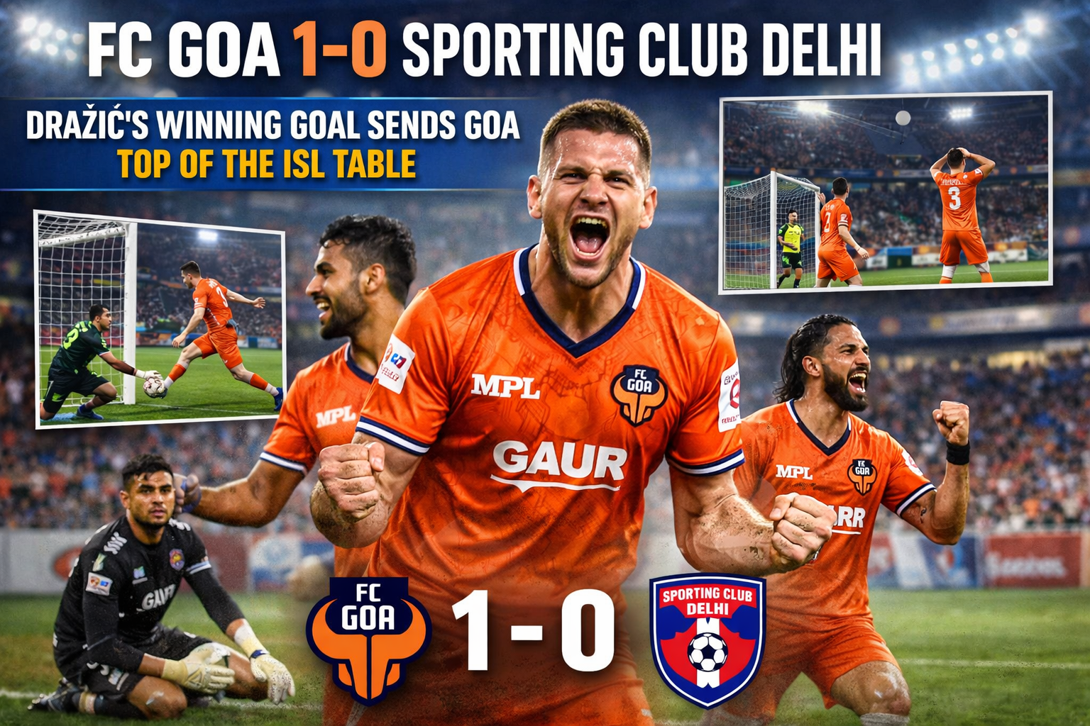 Dejan Dražić celebrates after scoring the winning goal in FC Goa’s 1–0 victory over Sporting Club Delhi in the ISL match.
