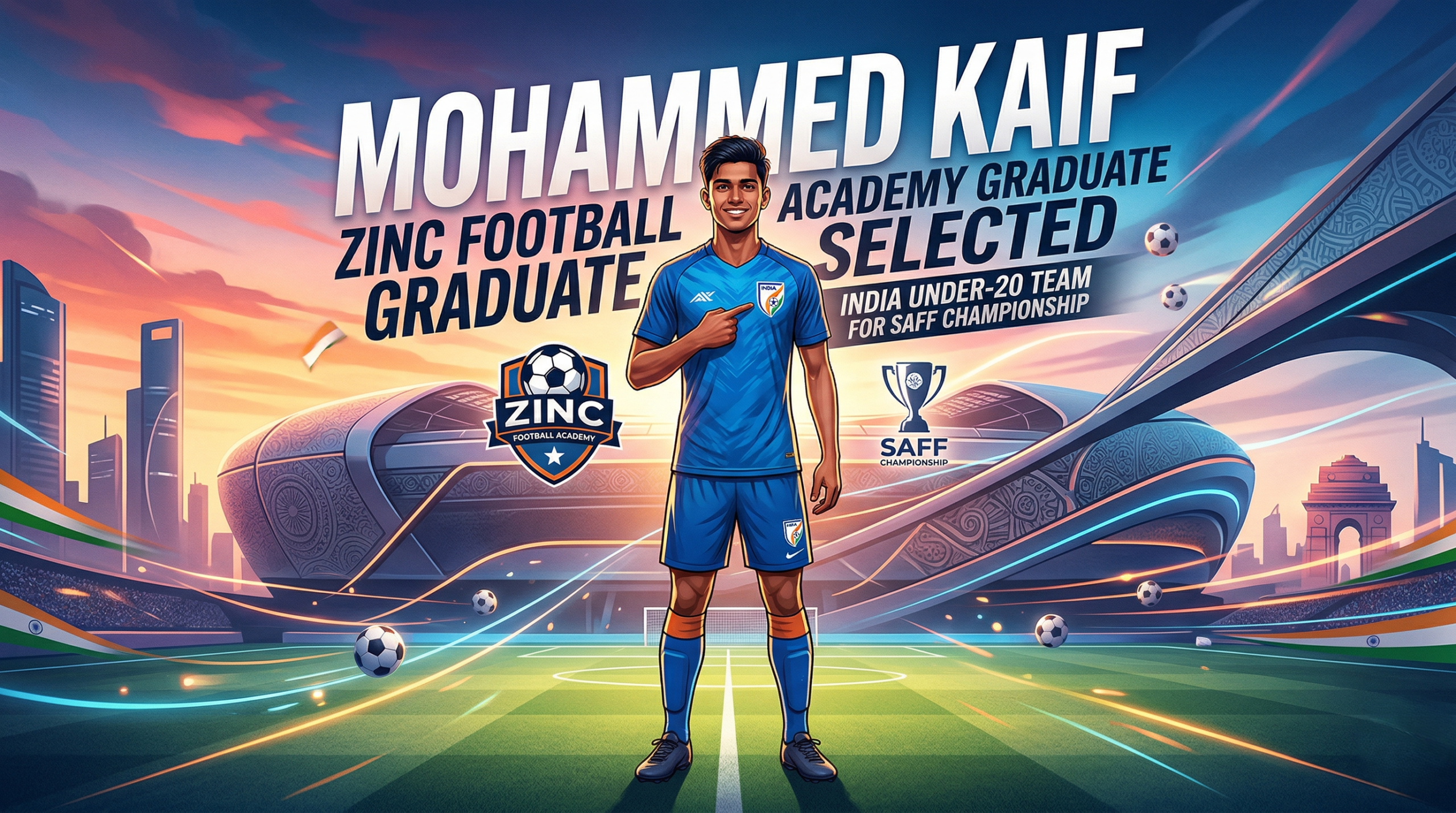 An illustrative sports banner featuring Zinc Football Academy graduate Mohammed Kaif in a blue Indian national team jersey, celebrating his selection for the India Under-20 squad for the SAFF Championship, set against a modern stadium background.