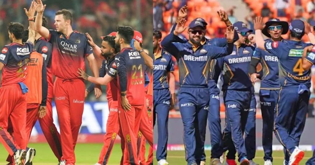 Royal Challengers Bengaluru and Gujarat Titans players in action highlighting likely XIs, pitch conditions, and weather at M Chinnaswamy Stadium.
