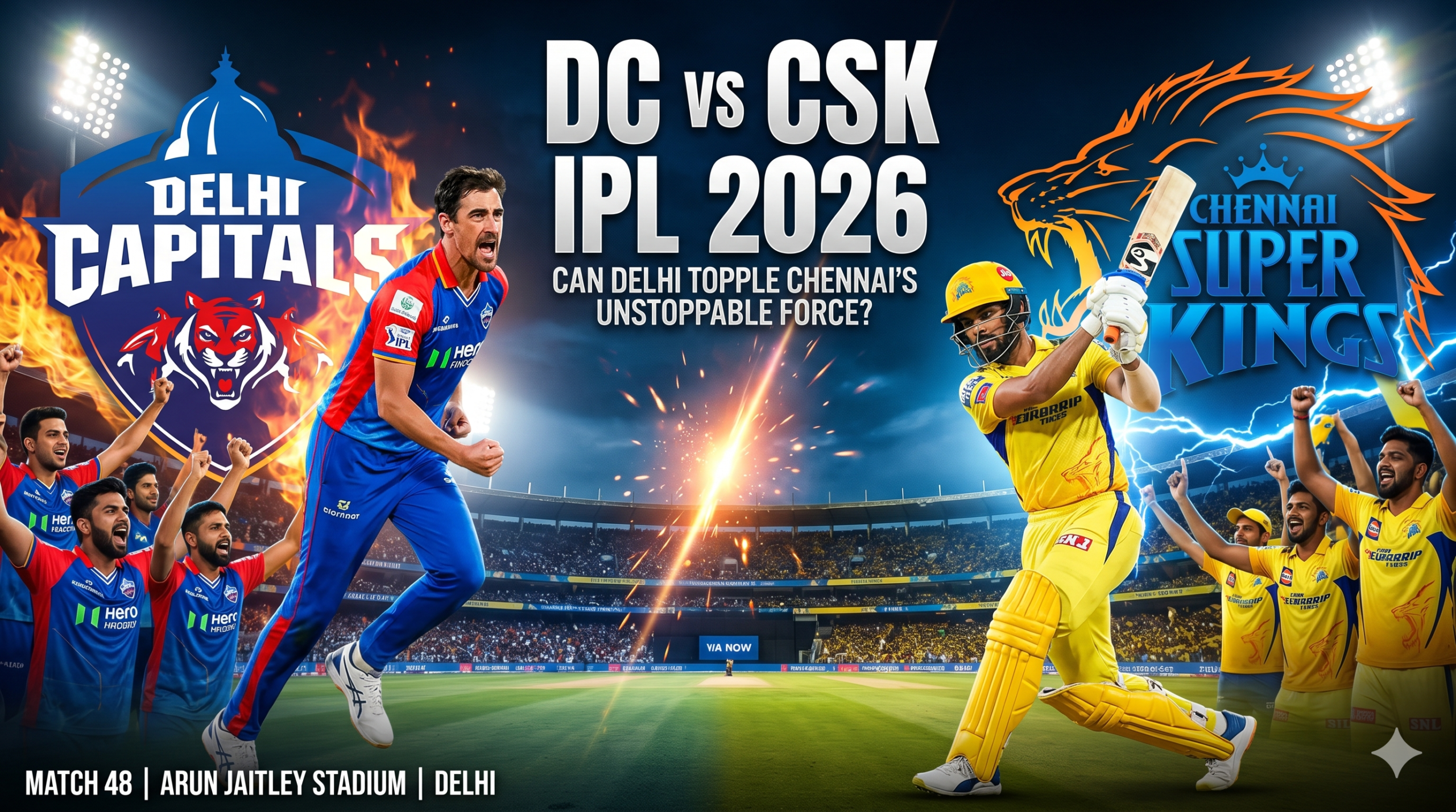 A high-energy preview graphic for IPL 2026 Match 48, featuring dynamic illustrations of a Delhi Capitals bowler and a Chennai Super Kings batsman at the Arun Jaitley Stadium in Delhi. Large text reads DC vs CSK IPL 2026: Can Delhi topple Chennai’s Unstoppable Force