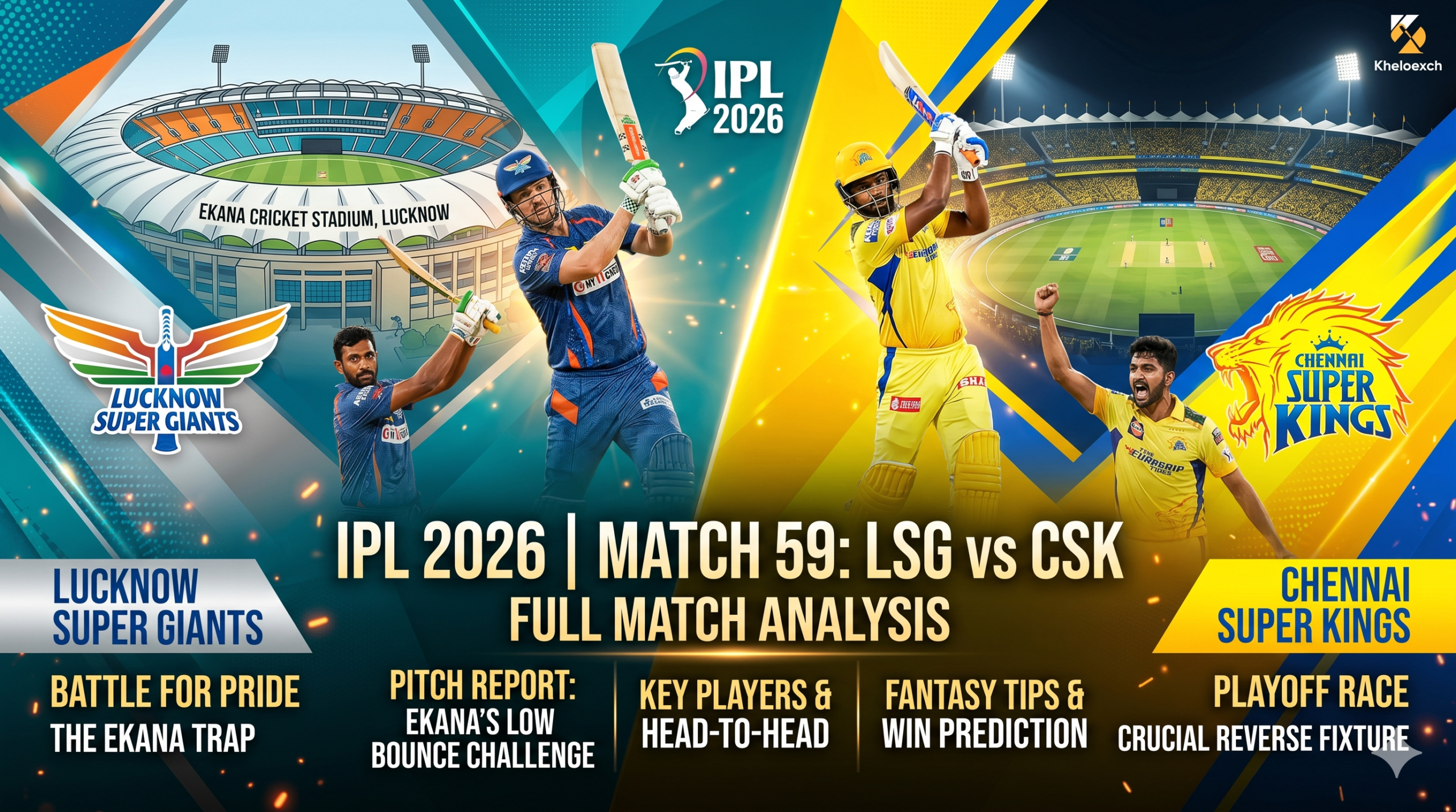 Action-packed cover banner for IPL 2026 Match 59 featuring Lucknow Super Giants and Chennai Super Kings players batting and celebrating, set against the Ekana Stadium background with match analysis text.