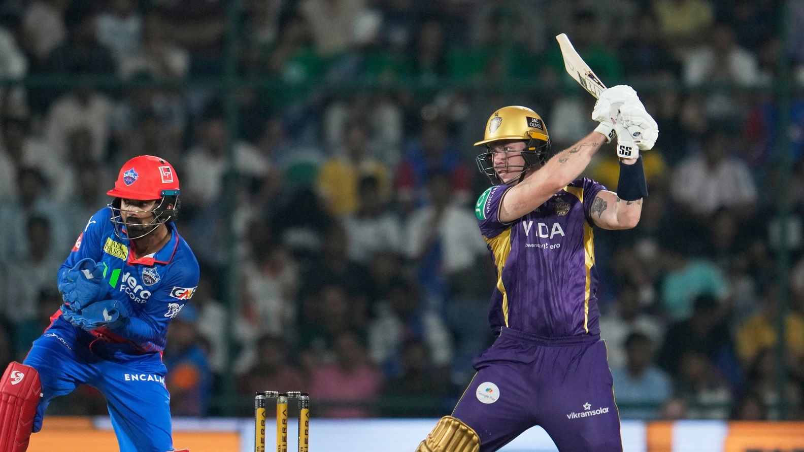 Kolkata Knight Riders batter Finn Allen celebrates his century against Delhi Capitals during IPL 2026 match highlights.