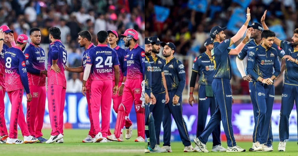 Rajasthan Royals and Gujarat Titans players in action highlighting probable playing XI and Jaipur weather conditions.