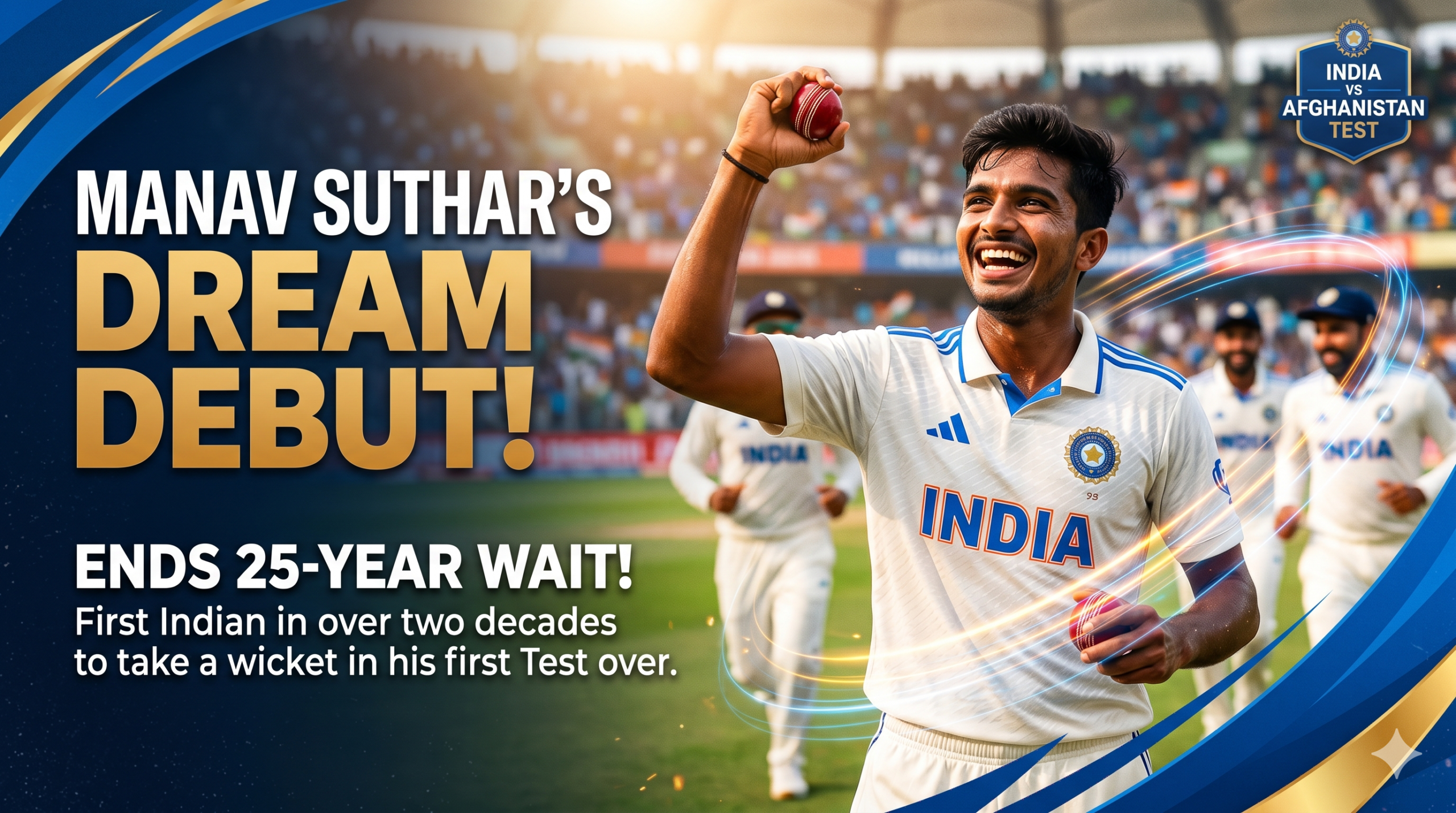 A dynamic graphic featuring Indian cricketer Manav Suthar smiling and holding up a red cricket ball to celebrate his dream debut wicket during the India vs Afghanistan Test match, ending a 25-year wait.