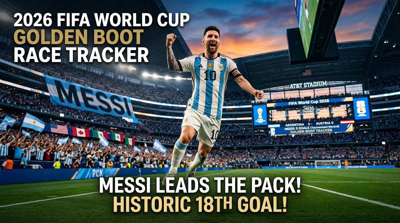 Lionel Messi celebrating a goal in Argentina jersey with arms outstretched in a packed AT&T Stadium during the 2026 FIFA World Cup, with gold and white overlay text 'Messi leads pack after historic goal! Stands alone at top of race tracker!'