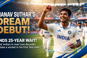 A dynamic graphic featuring Indian cricketer Manav Suthar smiling and holding up a red cricket ball to celebrate his dream debut wicket during the India vs Afghanistan Test match, ending a 25-year wait.