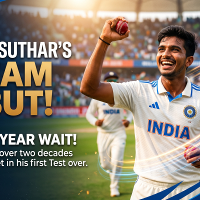 A dynamic graphic featuring Indian cricketer Manav Suthar smiling and holding up a red cricket ball to celebrate his dream debut wicket during the India vs Afghanistan Test match, ending a 25-year wait.