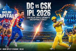 A high-energy preview graphic for IPL 2026 Match 48, featuring dynamic illustrations of a Delhi Capitals bowler and a Chennai Super Kings batsman at the Arun Jaitley Stadium in Delhi. Large text reads DC vs CSK IPL 2026: Can Delhi topple Chennai’s Unstoppable Force