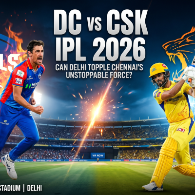 A high-energy preview graphic for IPL 2026 Match 48, featuring dynamic illustrations of a Delhi Capitals bowler and a Chennai Super Kings batsman at the Arun Jaitley Stadium in Delhi. Large text reads DC vs CSK IPL 2026: Can Delhi topple Chennai’s Unstoppable Force