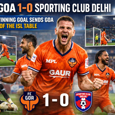 Dejan Dražić celebrates after scoring the winning goal in FC Goa’s 1–0 victory over Sporting Club Delhi in the ISL match.