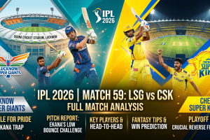 Action-packed cover banner for IPL 2026 Match 59 featuring Lucknow Super Giants and Chennai Super Kings players batting and celebrating, set against the Ekana Stadium background with match analysis text.