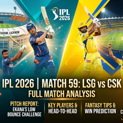 Action-packed cover banner for IPL 2026 Match 59 featuring Lucknow Super Giants and Chennai Super Kings players batting and celebrating, set against the Ekana Stadium background with match analysis text.