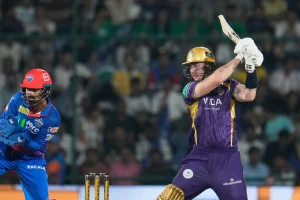 Kolkata Knight Riders batter Finn Allen celebrates his century against Delhi Capitals during IPL 2026 match highlights.