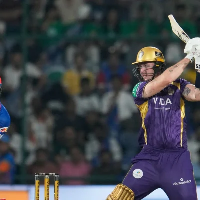 Kolkata Knight Riders batter Finn Allen celebrates his century against Delhi Capitals during IPL 2026 match highlights.