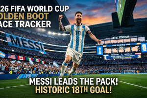 Lionel Messi celebrating a goal in Argentina jersey with arms outstretched in a packed AT&T Stadium during the 2026 FIFA World Cup, with gold and white overlay text 'Messi leads pack after historic goal! Stands alone at top of race tracker!'