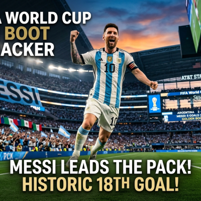 Lionel Messi celebrating a goal in Argentina jersey with arms outstretched in a packed AT&T Stadium during the 2026 FIFA World Cup, with gold and white overlay text 'Messi leads pack after historic goal! Stands alone at top of race tracker!'