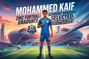 An illustrative sports banner featuring Zinc Football Academy graduate Mohammed Kaif in a blue Indian national team jersey, celebrating his selection for the India Under-20 squad for the SAFF Championship, set against a modern stadium background.