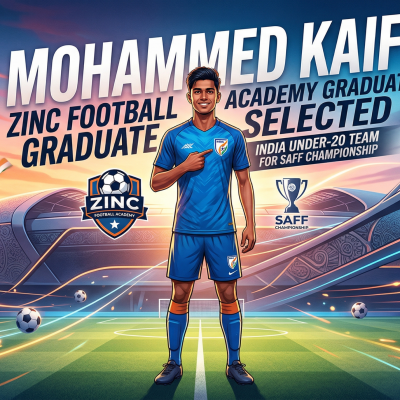 An illustrative sports banner featuring Zinc Football Academy graduate Mohammed Kaif in a blue Indian national team jersey, celebrating his selection for the India Under-20 squad for the SAFF Championship, set against a modern stadium background.