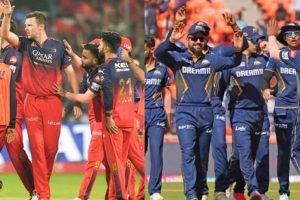 Royal Challengers Bengaluru and Gujarat Titans players in action highlighting likely XIs, pitch conditions, and weather at M Chinnaswamy Stadium.