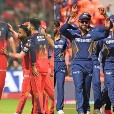 Royal Challengers Bengaluru and Gujarat Titans players in action highlighting likely XIs, pitch conditions, and weather at M Chinnaswamy Stadium.