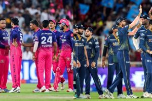 Rajasthan Royals and Gujarat Titans players in action highlighting probable playing XI and Jaipur weather conditions.