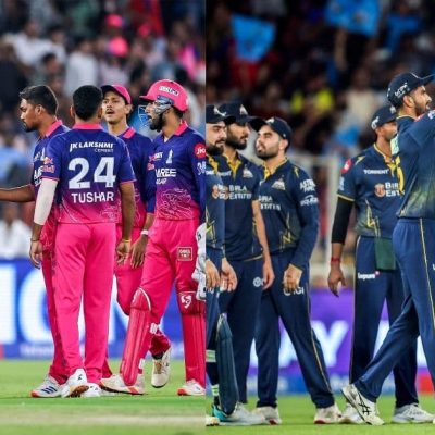 Rajasthan Royals and Gujarat Titans players in action highlighting probable playing XI and Jaipur weather conditions.