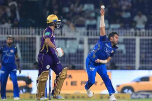 Kolkata Knight Riders and Mumbai Indians players during Match 65 action with scorecard and highlights from IPL 2026.
