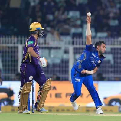 Kolkata Knight Riders and Mumbai Indians players during Match 65 action with scorecard and highlights from IPL 2026.